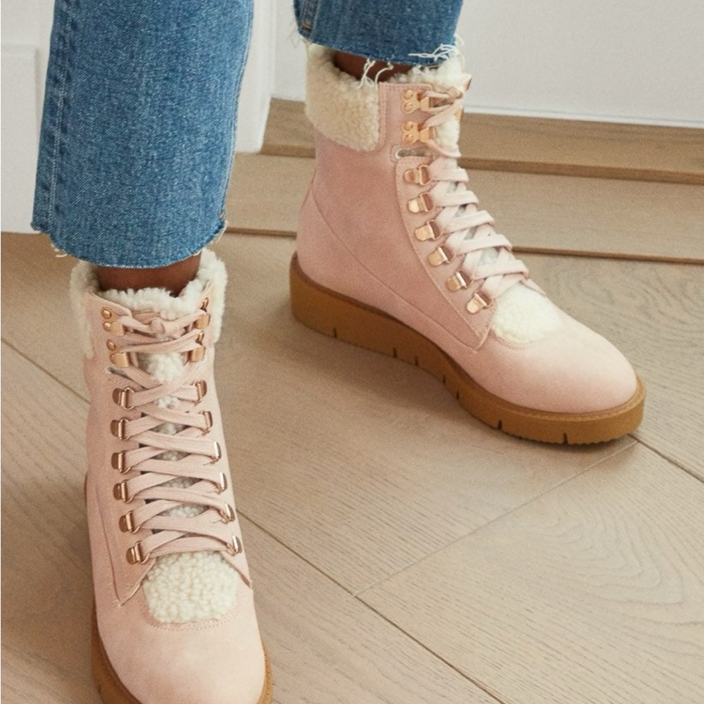Women's Cerelia Lace Up Flat Boot Pink Shearling Lace-Up Boots - Picture 6 of 8